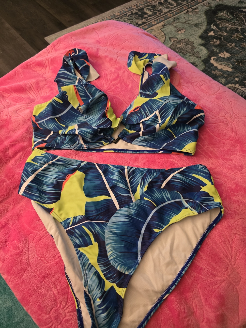 Tropical Leaf High-Waist Bikini Set - Blue & Yellow
